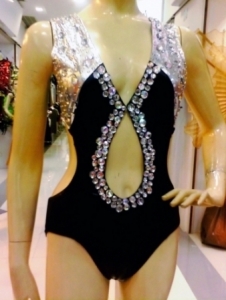 L035 Black Crystal Sequin Showgirl Leotard