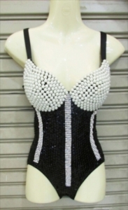L041 Black Pearl Crystal Burlesque Showgirl Leotard Showgirl Bodysuit