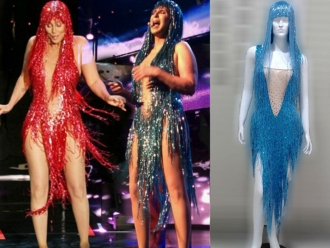 M535Z Cher Inspired Bugle Beaded Showgirl Leotard Showgirl Bodysuit with Wig