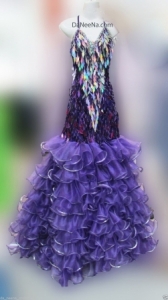 M147 Purple Leaf Queen Showgirl Vegas Stage Dance Ruffle Showgirl Dress