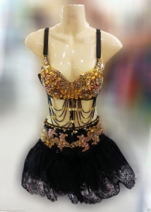 M129 Gold Flower Princess Showgirl Vegas Stage Crystal Showgirl Dress