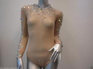 L0355 Moulin Rouge Burlesque Crystal Nude Showgirl Leotard Showgirl Bodysuit