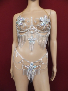 J079 Flower SILVER Diamante Rhinestone Bra Belt Skirt Costume Set