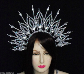 H020 Crystal Tiara Queen Crown Feather Showgirl Headdress