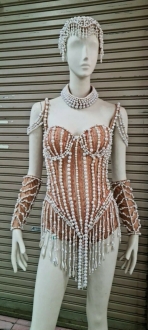 T1017 Burlesque Vegas Christina Aguilera Costume Pearl Leotard