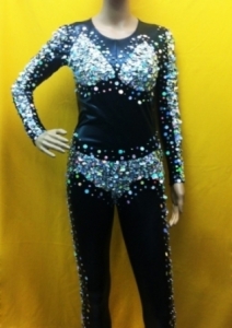 L030 Black Gold Catsuit Showgirl Bodysuit