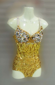 M083 Sexiest Gold Crystal Showgirl Bodysuit Showgirl Leotard