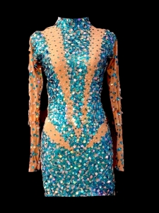 M647A Cute Colorful Elegant Nude Crystal Sequin Showgirl Dress