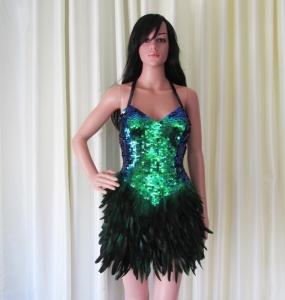 Da NeeNa R59 Green Forrest Bird Feather Peacock Showgirl Dress